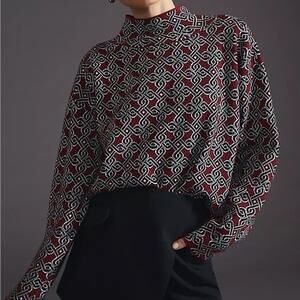 Maeve By Anthropologie Red Black Geometric Vibrant Fabric Knit Turtleneck Top XL